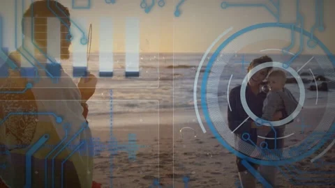 Man raising bubble wand, making bubbles, woman holding infant turning, tech HUD Stock Footage 333999322