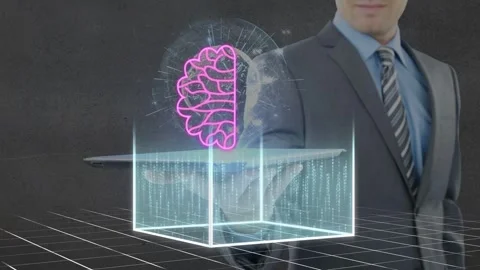 Man raising finger, tablet forming hologram, globe emerging, split brain drawing Stock Footage 335651819