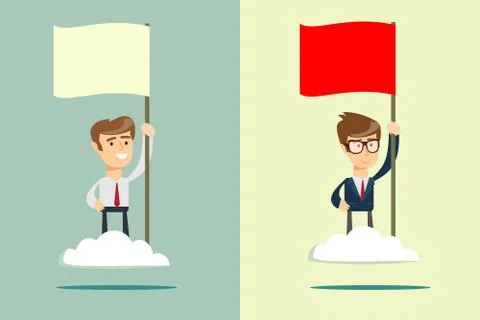 Man raising a flag on the cloud. Successful challenge concept, new achievement Stock Illustration