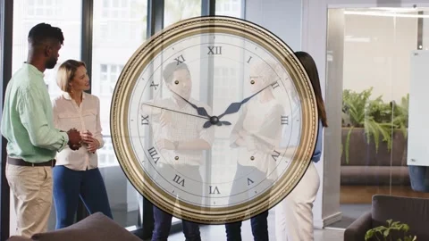 Man raising hand starting office project talk while clock overlay moving hands Stock Footage 337904986