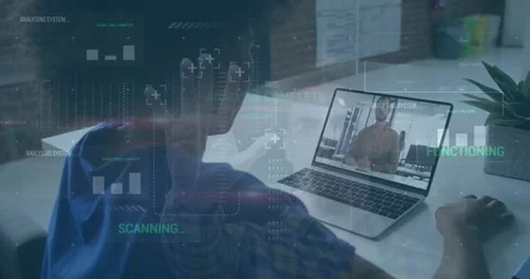 Man raising hand in tech meeting starting HUD scan, updating to analysis Stock Footage 331047813