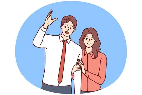 Man raising hand wanting to be noticed and modest smiling woman standing b... Stock Photos