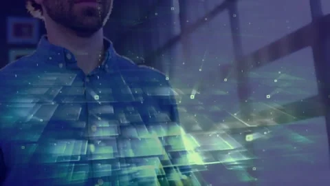 Man raising hands tapping digital grid, forming data layers before donning VR Stock Footage 327124918