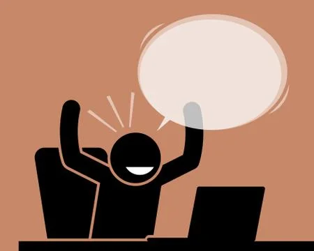 Man raising his hands while looking at the computer screen.  Stock Illustration