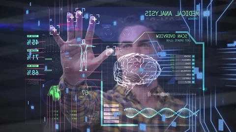 Man raising right hand holding clear hologram starting scan bar shifting into Stock Footage 334351846