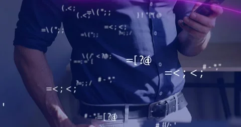 Man raising smartphone in tech office, causing code overlay and purple streak Stock Footage 329470776