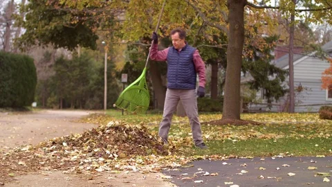 Man Raking Leaves 2 Stock Footage 84073888