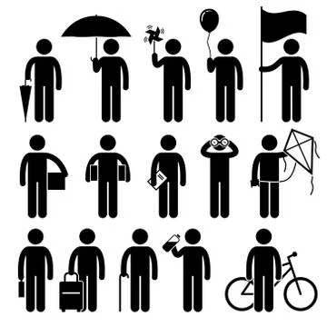 Man with Random Objects Stick Figure Pictogram Icons Illustrazione stock