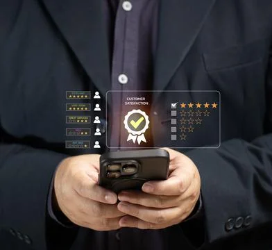 Man rates satisfaction using smartphone via virtual screen. Concept of serv.. Stock Photos