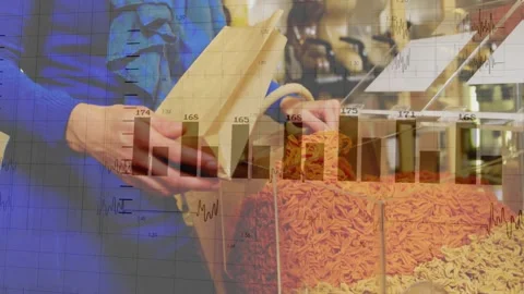 Man reaching bulk bin, scooping orange bits into bag on grocery trip, bar-chart Stock Footage 331275929