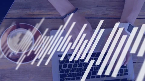 Man reaching for cup then typing on laptop, working in cafe, tech equalizer Stock Footage 335732023
