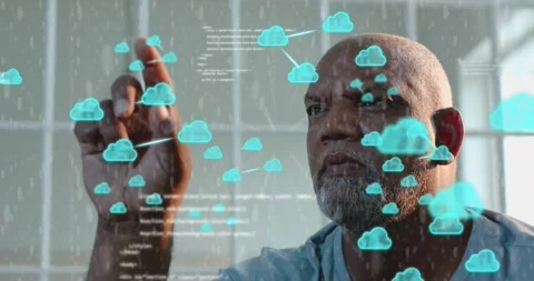 Man reaching forward and dragging cloud icons, causing code overlays clustering Stock Footage 322220286
