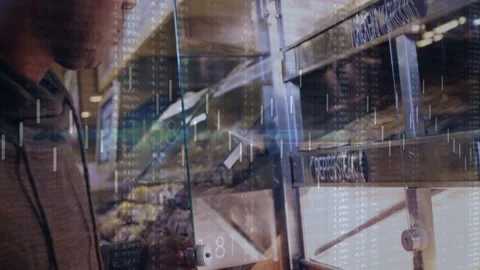 Man reaching glass knob, opening case, scanning bakery trays, choosing items Stockbeeldmateriaal 332804381