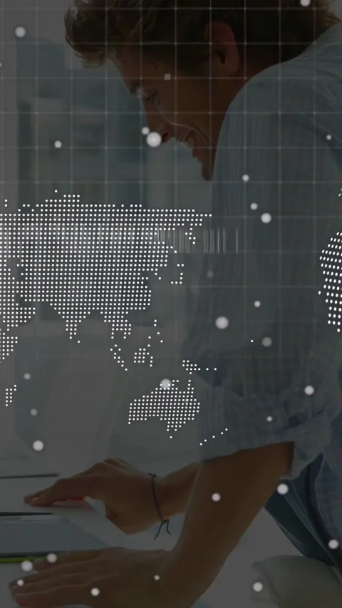Man reaching for laptop and typing while dot map, grid, code layer animating, Stock Footage 333006452