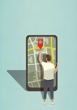 Man reaching for map pin icon on large smart phone Illustrazione stock