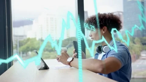 Man reaching for phone, scrolling and calling for tech work while teal waveform Stock Footage 333221383