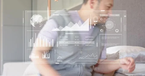 Man reaching side table and smoothing pillows, picking up bottles while HUD Stock Footage 330444151