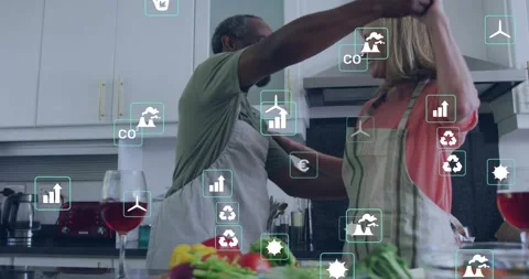 Man reaching for woman's hands, guiding twirl while floating CO2, tech graphs Stock Footage 332285484