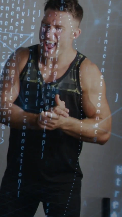 Man reacting to off-camera cue, clapping and laughing with tech code overlay Stock Footage 331739145