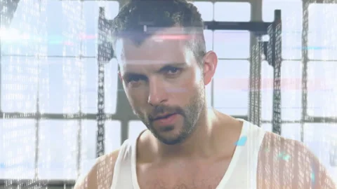 Man reacting to drifting tech code overlay by focusing at grid-pane window, Stock Footage 312408040