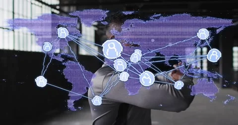 Man reacting to pulsing world map in warehouse guiding tech network nodes Stock Footage 331084803