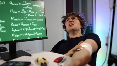 Man reacts in pain after failed biohacking experiment at home Stock Footage 324444285