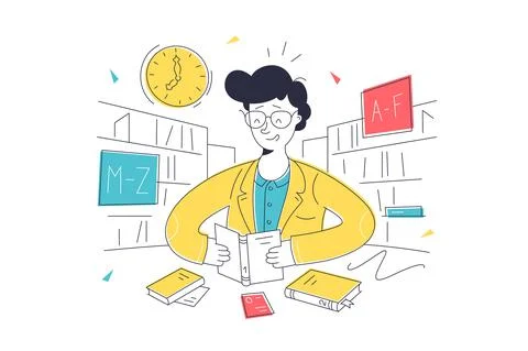Man read interesting book in library Stock Illustration