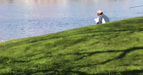 Man reading alone on sunny lakeside grass slope Stock Footage 321048800