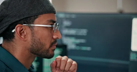 Man, reading and computer in office for programming, research and system login Stock Footage 346948368