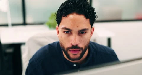Man, reading and research in office with computer, update software or problem Stock Footage 336245037