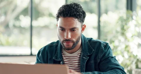 Man, reading and worry with laptop for solution, problem solving or research in Stock Footage 316878258