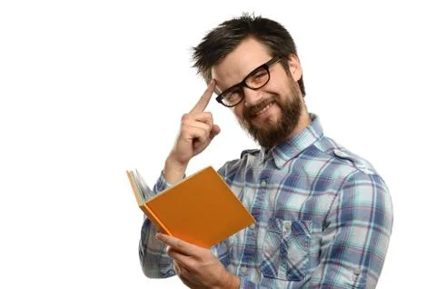MAn Reading Book and Gesturing Stock Photos