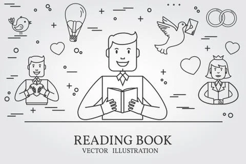 Man Reading A Book And Imagining The Love  Story. Think line icon. Vector i.. Stock Illustration