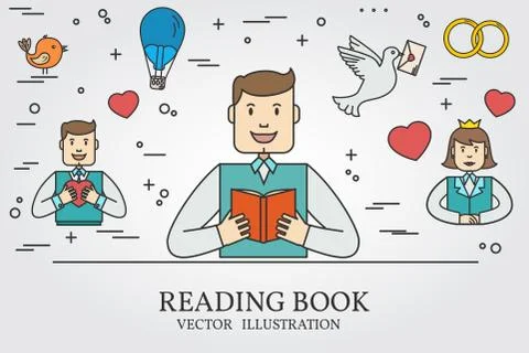 Man Reading A Book And Imagining The Love  Story. Think line icon. Vector i.. Stock Illustration
