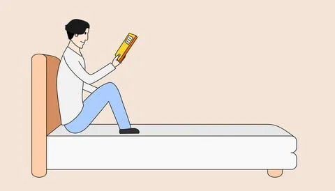 A man is reading a book on a bed Stock Illustration