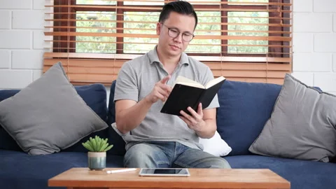 Man reading a book on a comfortable couch at home Stock Footage 292605082
