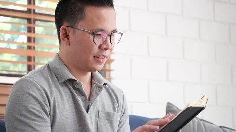 Man reading a book on a comfortable couch at home Stock Footage 292606813