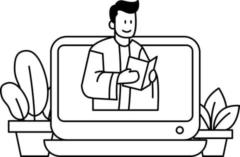 A man is reading a book on a computer screen Stock Illustration
