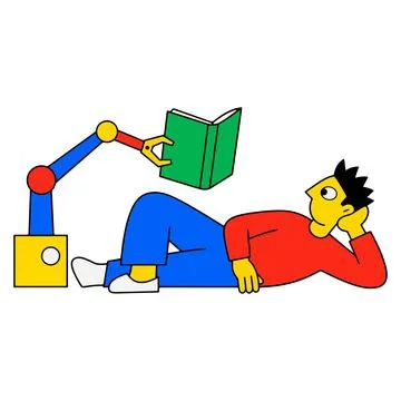 Man Reading Book Held by Robot Arm Stock Illustration