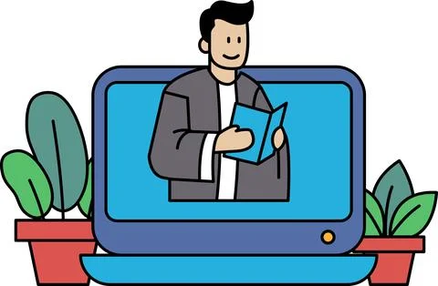 A man is reading a book on a laptop Stock Illustration