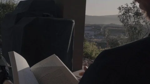 Man reading a book outside, sun shining, turning the page, hd Stock Footage 124279468