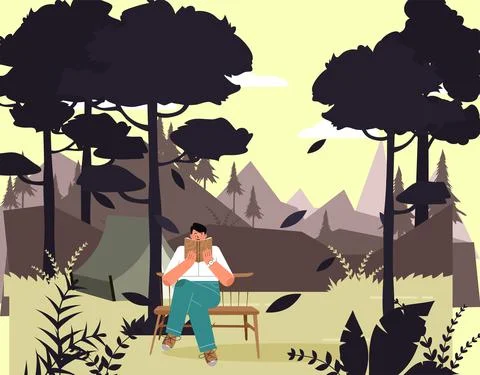 A man reading a book in a park alone Stock Illustration