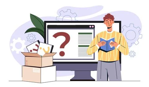 Man reading a book with question icons. Vector illustration Stock Illustration