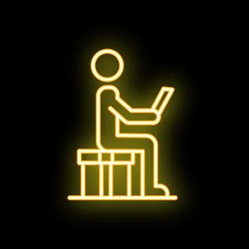 Man reading book sitting on bench yellow neon icon Stock Illustration