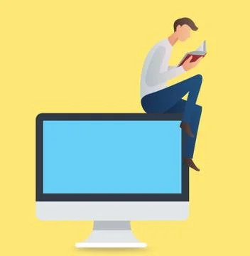 Man reading book sitting on a computer vector Stock Illustration