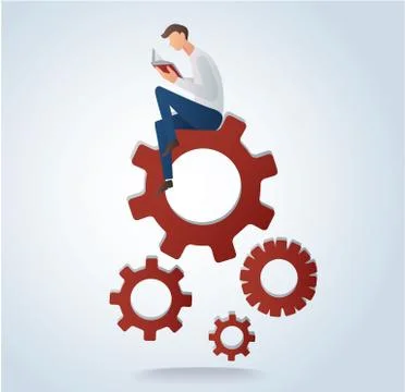 Man reading book sitting on gears icon vector Illustrazione stock