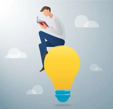 Man reading book sitting on light bulb vector Stock Illustration