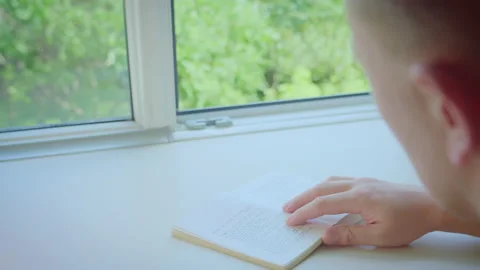 Man reading a book sitting at an open window on a sunny day, back view Stock Footage 195519577