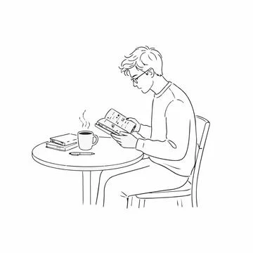 Man reading book sitting at table with coffee cup line art illustration Sil.. Stock Illustration