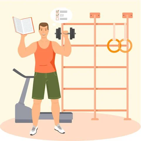 Man reading book, studying and do sport. Guy student is resting with book Stock Illustration